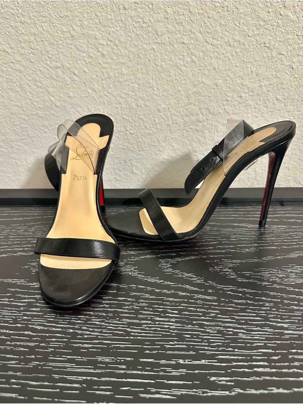 Brand New-Christian Louboutin Black Leather Open-Toe Ankle-Strap Heels